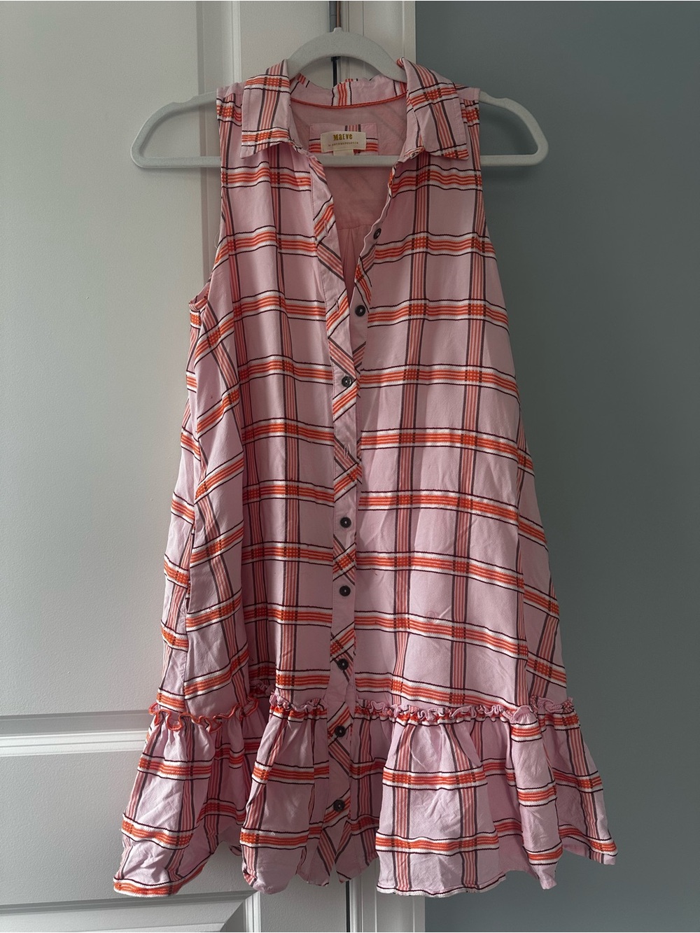 Maeve x Anthropologie Pink Plaid Sleeveless Button Dress with Orange Stripe XS